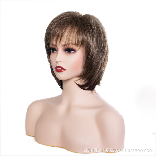 Wholesale good quality cheap air bangs full head wig short straight brown bob natarul style synthetic hair wigs for women